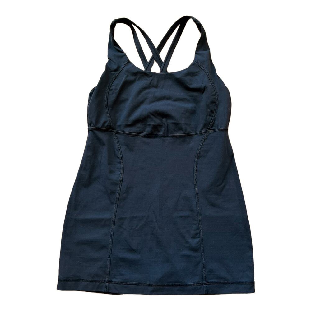 LULULEMON Scoop Neck Tank Top Black Crossover Straps Support Bra Mesh Details 6